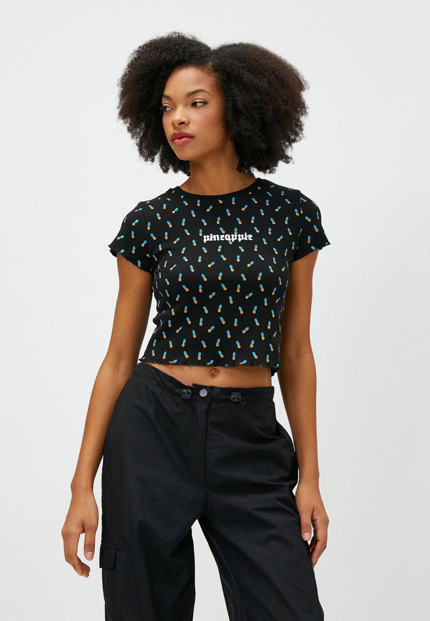 Koton Crew Neck Short Sleeve Crop- T-Shirt Print - Black 1 Koton Crew Neck Short Sleeve Crop- T-Shirt Print - Black