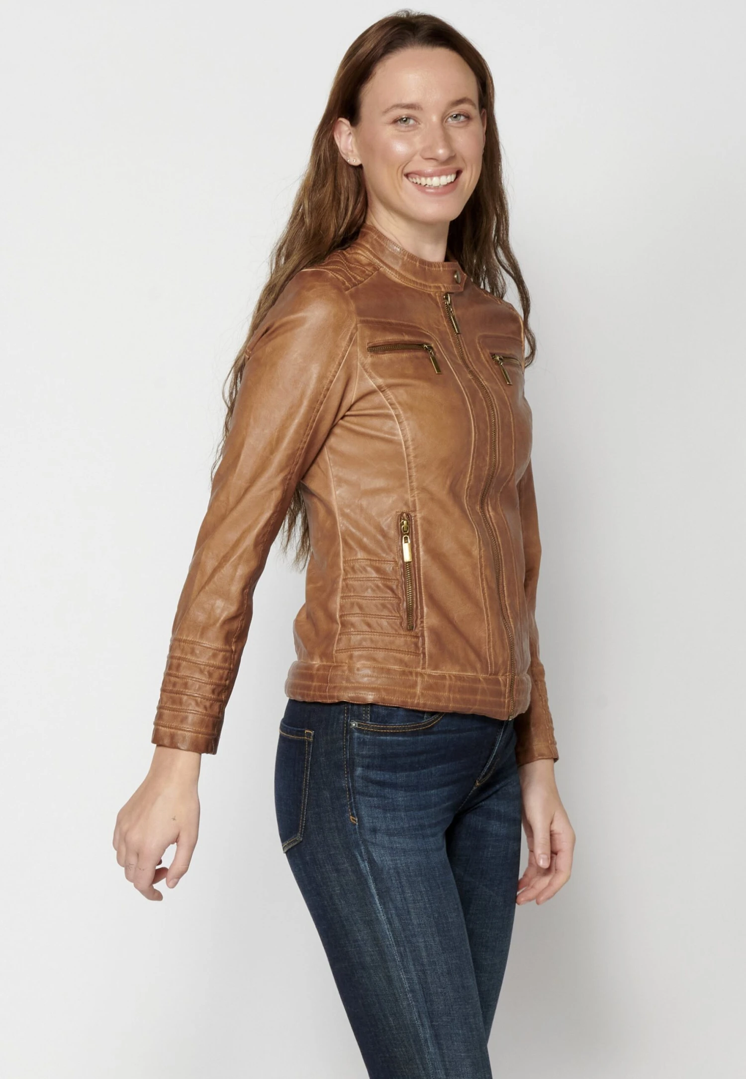 Koroshi Imitatieleren Jas - Camel 4 Koroshi Imitatieleren Jas - Camel - Afbeelding 4